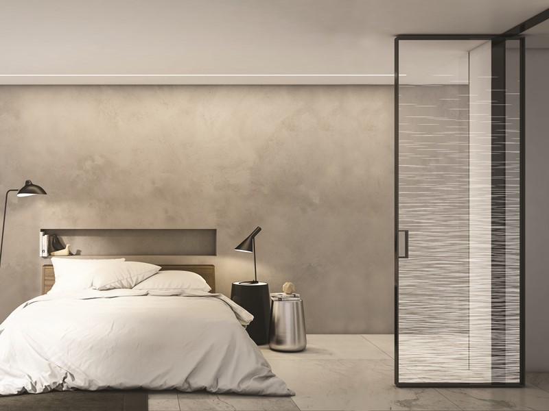 Dør dekoreret med streger produceret med digital keramisk print